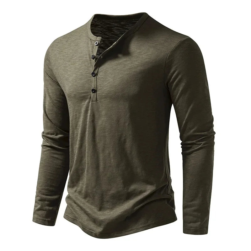 Autumn New Men's Cotton Button Long Sleeve Henley Neck T-Shirt Casual Solid Color Breathable Versatile Fashion Slim T-Shirts