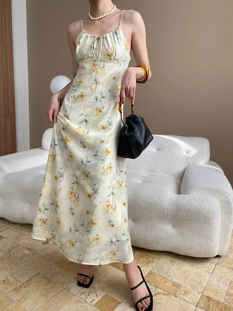 Spring and summer women's casual flower print slim fit suspender dress