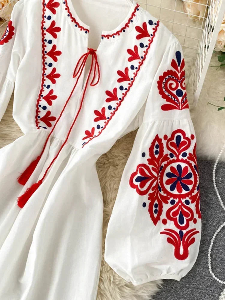 Spring Autumn Women Dresses Bohemian Embroidered Flower O-Neck Lantern Sleeve High Waist Dress All-match Female Vestidos PL393