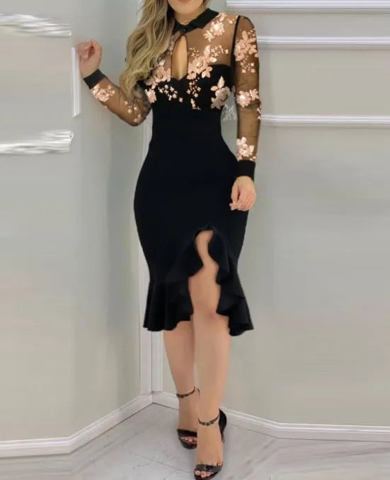 Spring Summer Sexy Mesh Ruffle Dress 2024 Wome Long Sleeve Irregularity Midi Dress Fashion Print Elegant Party Dresses