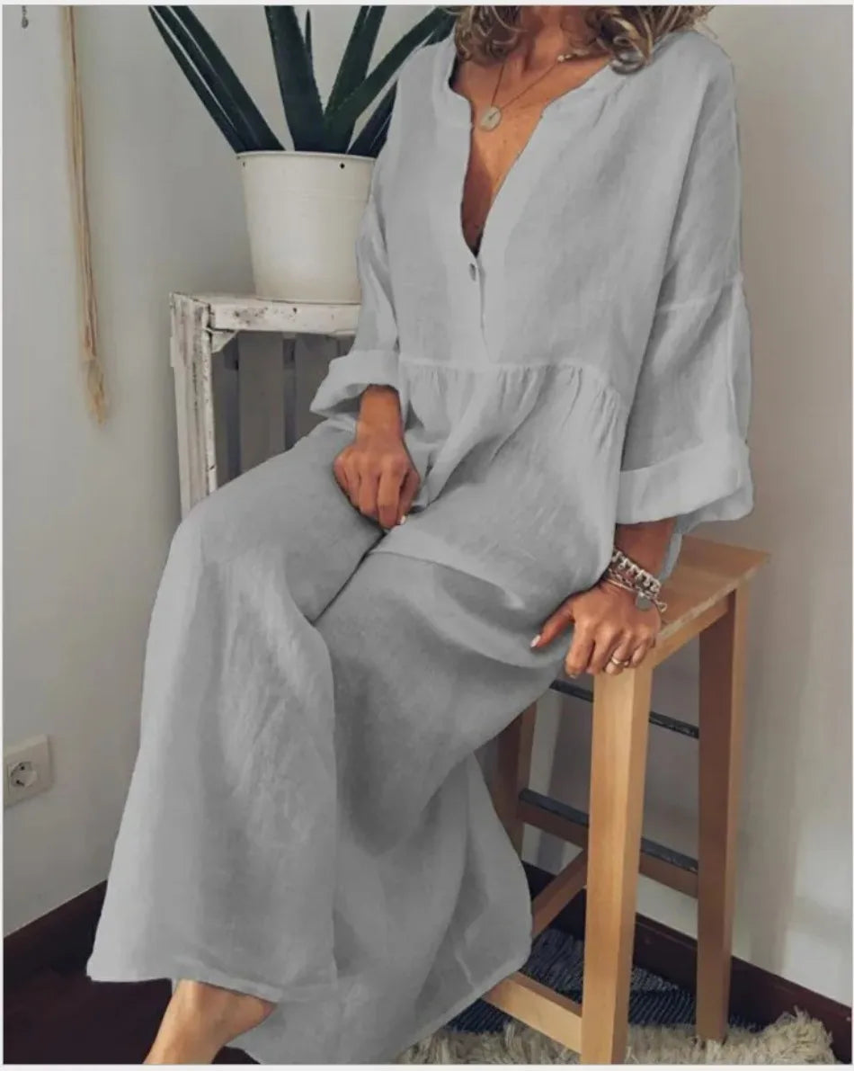 New in Spring Elegant Long Dresses for Women Long Sleeved V-neck Fashion Summer Dresses 2024 Loose Retro Female Clothing Robe