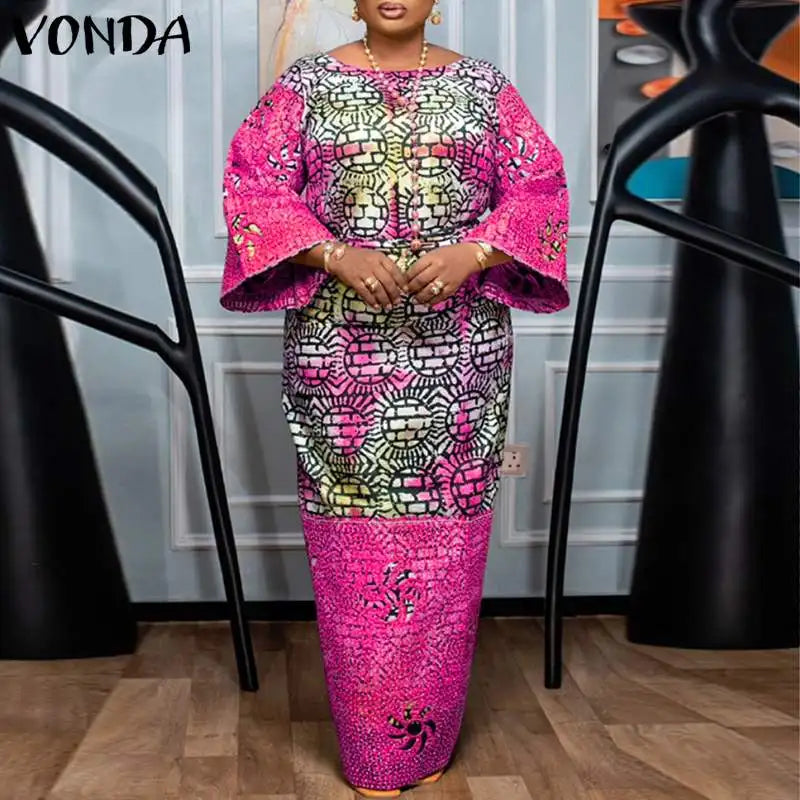 VONDA Women Dresses Bohemian Printed Long Flare Sleeve Vestidos 2024 Causal Sundress Robe Round Neck Loose Robe Oversized