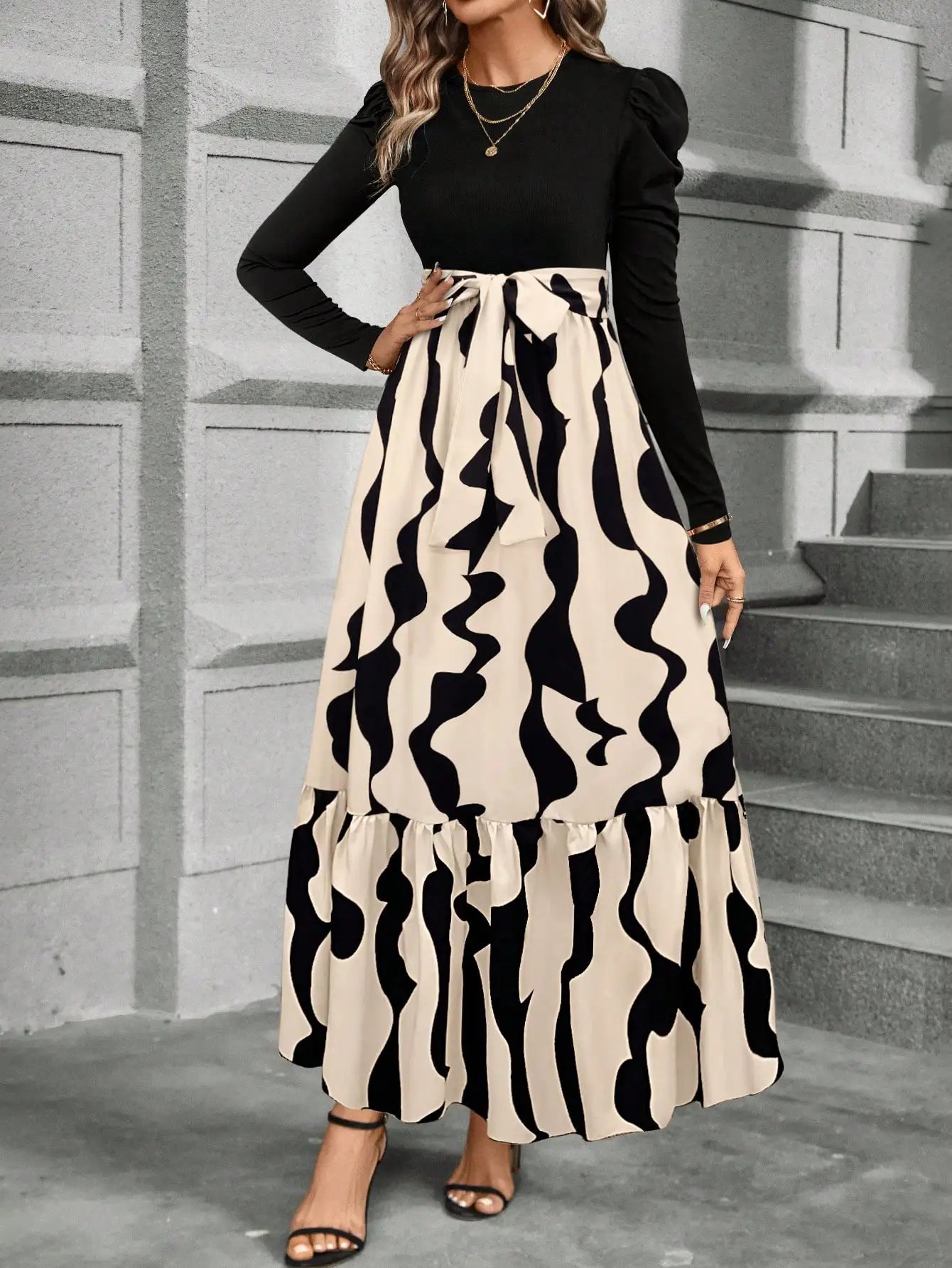 Spring and summer color combination high-waisted flower print dress woman elegant