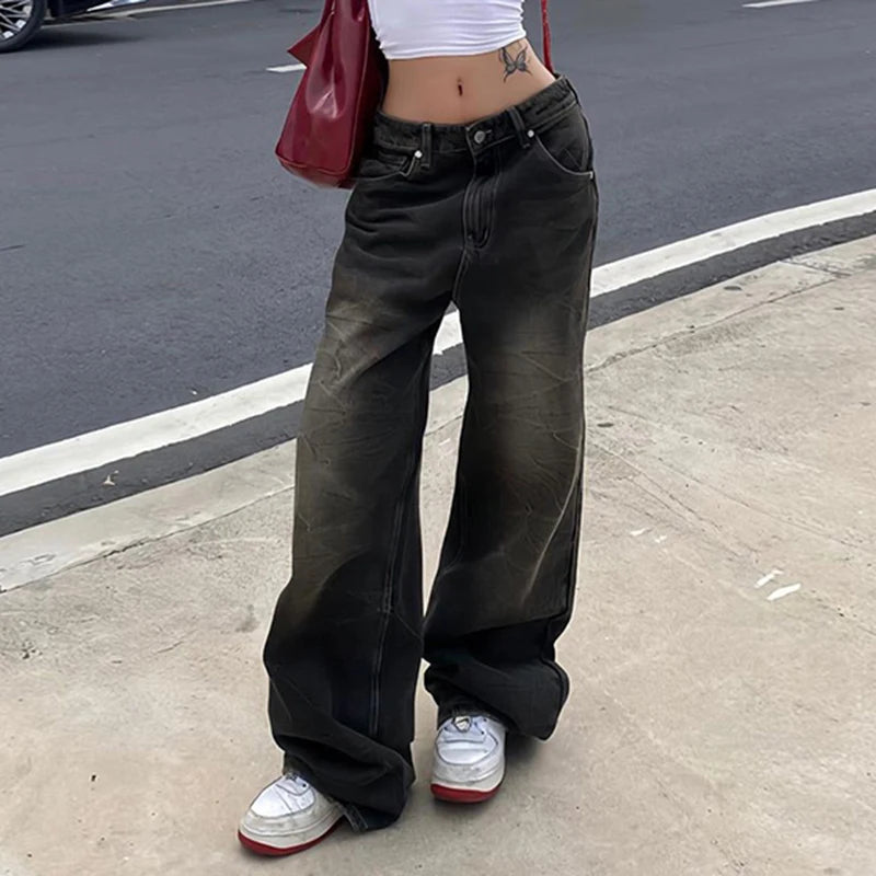 Darlingaga Streetwear Grunge Baggy Jeans Women Vintage Distressed Straight Leg Y2K Denim Pants 90s Aesthetic Outfits Washed Chic