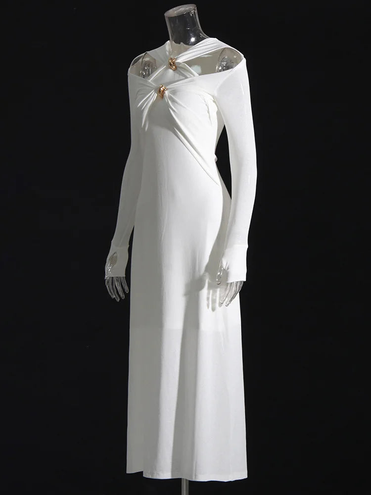 TWOTWINSTYLE Knitting White Dresses For Women V Neck Long Sleeve High Waist Hollow Out Slim Dress Female Summer 2023 Clothing
