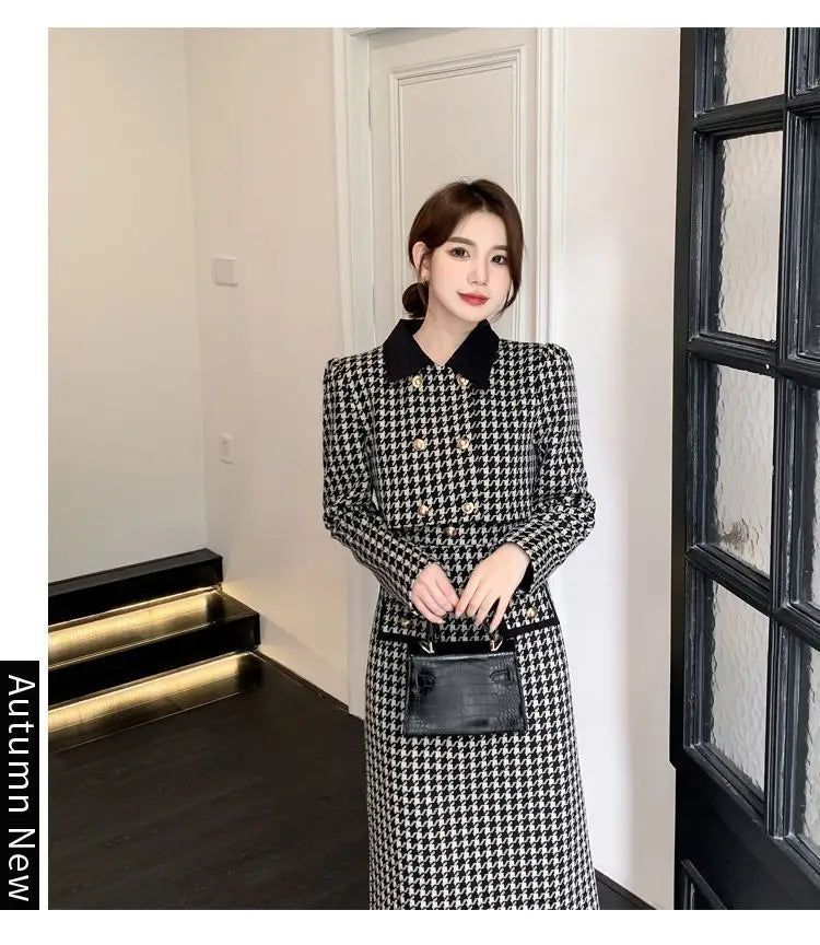 Spring Autumn New Dress Set Women Turn-down Collar Long Sleeve Button Patchwork Cardigan Elegant Slim All-match Slip Dresses