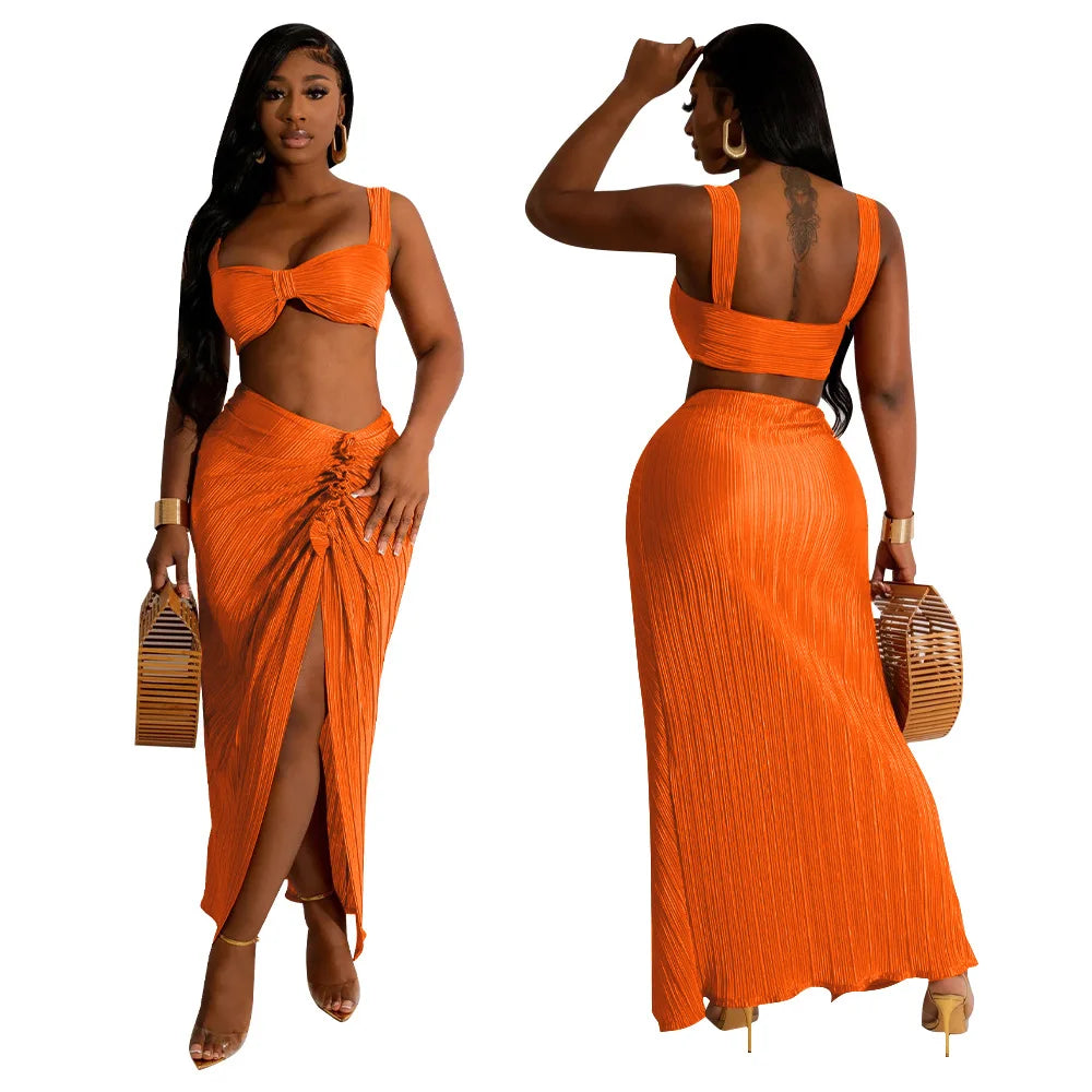 Summer Dresses for Women Two Pieces Set Sexy Backless Halter Top and High Waist Side Slit Pleated Skirt Matching Lady Streetwear