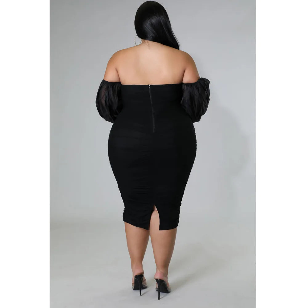 CM.YAYA Plus Size Women Mesh Patchwork Off Shoulder Ruched Bodycon Midi Dress evening Winter 2022 Sexy Party Club Prom Dresses