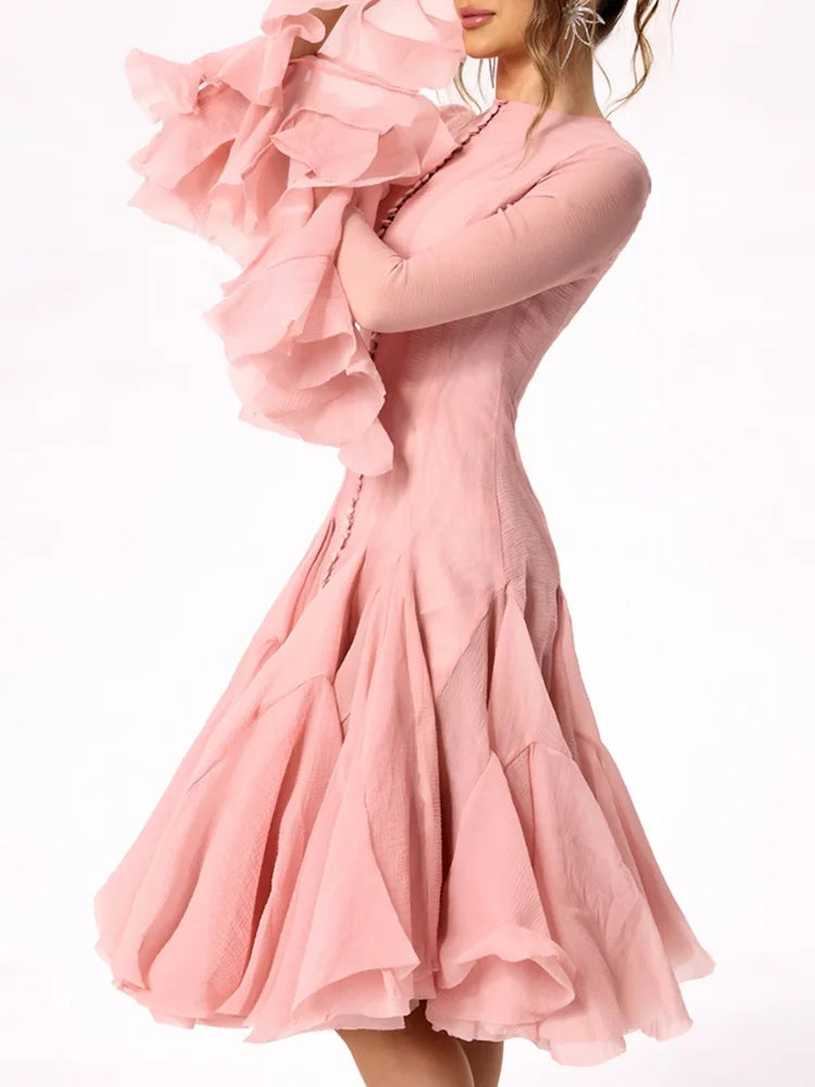 Solid Women Layered Ruffles Midi Dress Fashion Irregular Pleated A-line Long Sleeve Button Robe 2025 Female High Street Vestidos