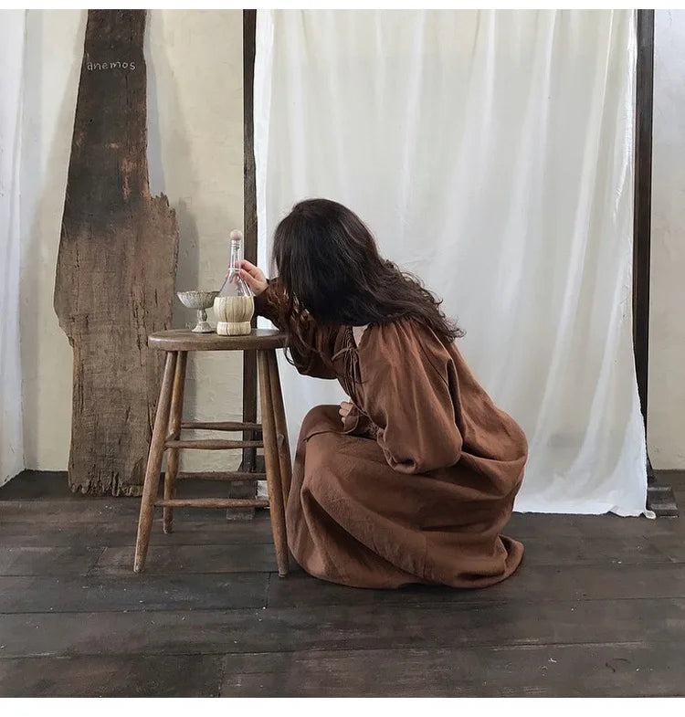 2025 New Spring Cotton Linen Dress for Women Solid Long Sleeve Drawstring Office Lady Elegant Maxi Dress