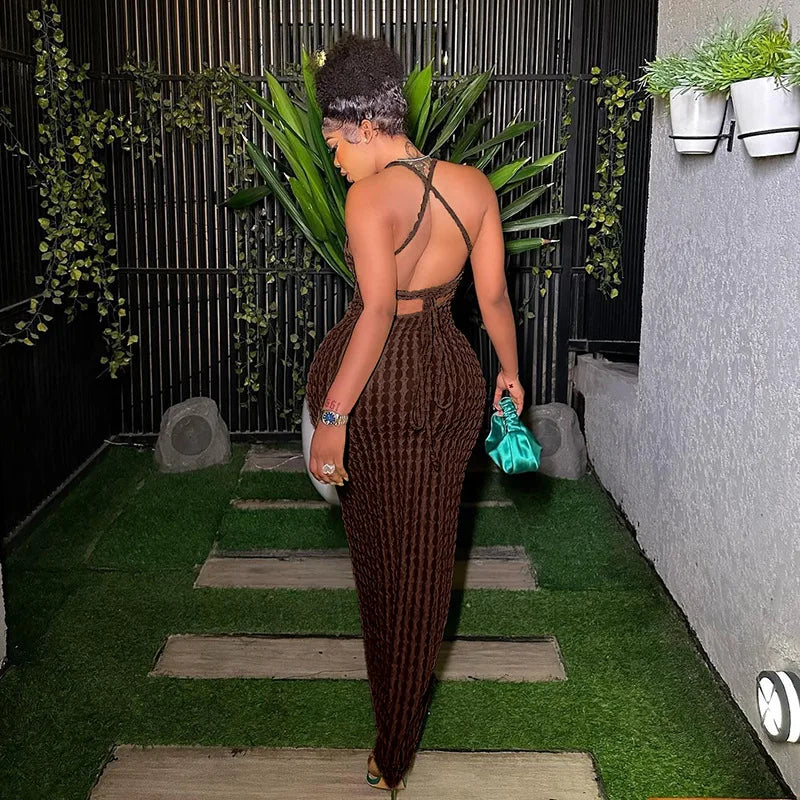 ANJAMANOR Halter Backless Maxi Summer Dresses for Women 2023 Sexy Beach Vacation Outfits Yellow Frilled Slit Long Dress D96-BH26