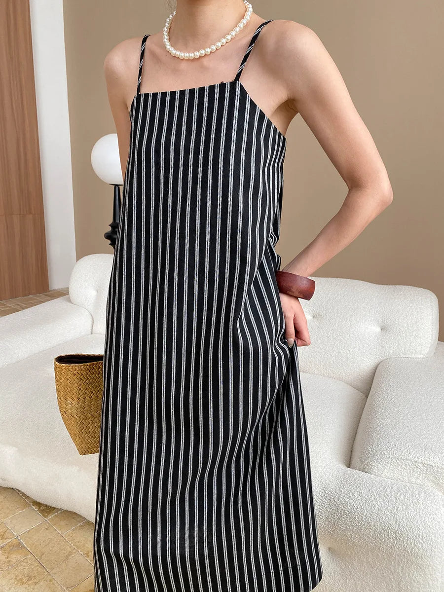 Spring and summer women's casual striped loose suspender dress
