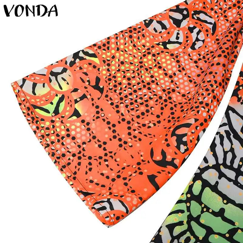 VONDA Women Dresses Bohemian Printed Long Flare Sleeve Vestidos 2024 Causal Sundress Robe Round Neck Loose Robe Oversized