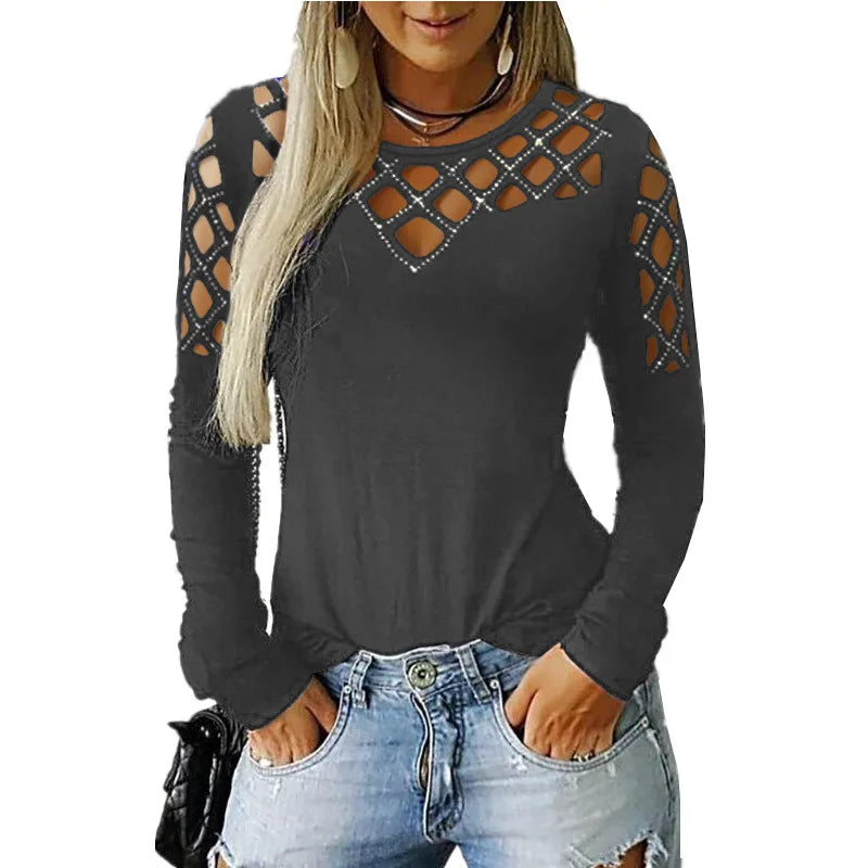 Autumn Winter New Women's Fashion Solid Color Hollow Diamond Splicing Long Sleeve T-shirt Casual Comfortable Top For Women