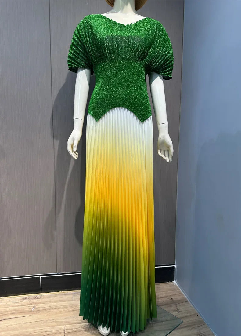 ANLAN Pleated 2 Pieces Set Women Fashion V Neck Short Batwing Sleeves Irregular Hem T-shirt&New Gradient A-line Folds Long Skirt