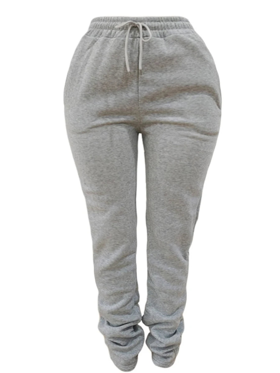 LW Plus Size Plain Pocket Sweatpants Mid Waist Drawstring Ruched Women Pants Stacked Trousers Sporty Casual Daily Bottoms