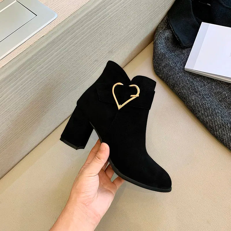 Women's Chunky Heeled Ankle Boots, Solid Color Side Zipper High Heels, Stylish Short Boots