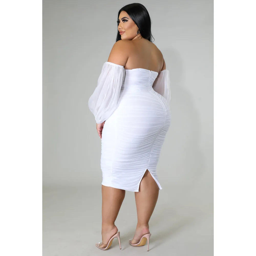 CM.YAYA Plus Size Women Mesh Patchwork Off Shoulder Ruched Bodycon Midi Dress evening Winter 2022 Sexy Party Club Prom Dresses