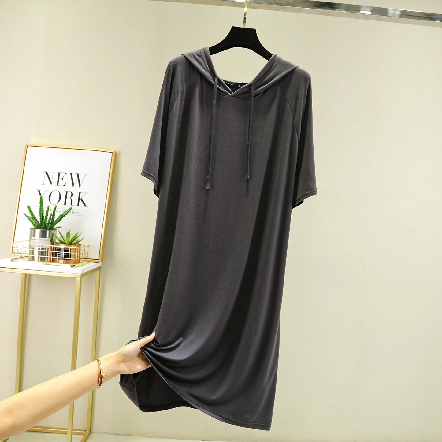 Spring Summer Hooded dress half sleeves Modal Casual Loose Long dress Solid colors female clothing streetwear