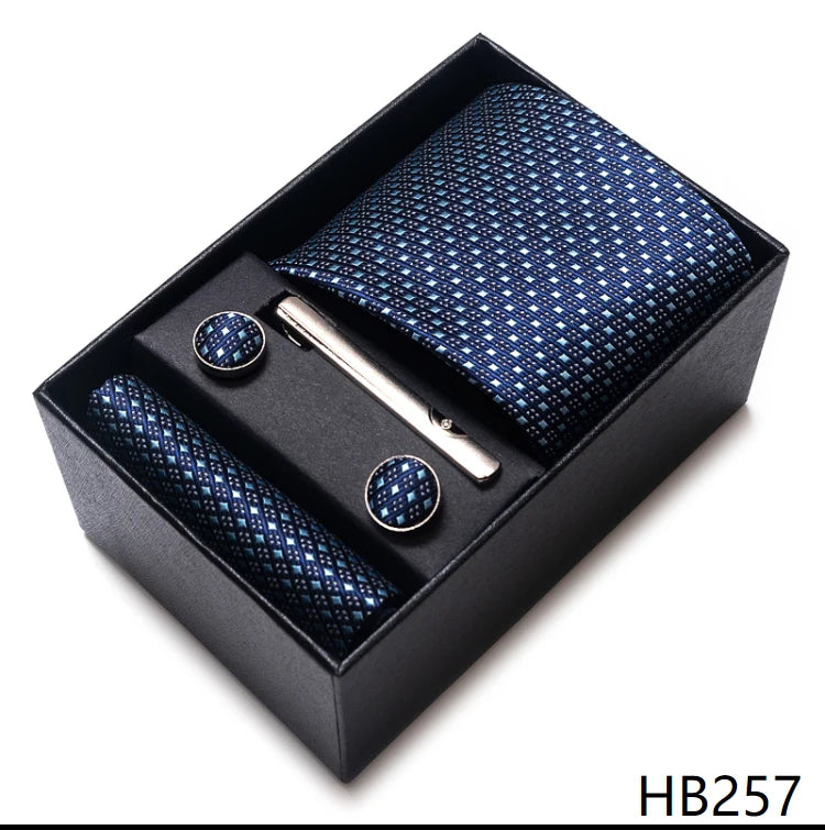 Tie Handkerchief Cufflink Set For Men Necktie Holiday Gift Box Blue Gold Suit Accessories Slim Wedding Gravatas