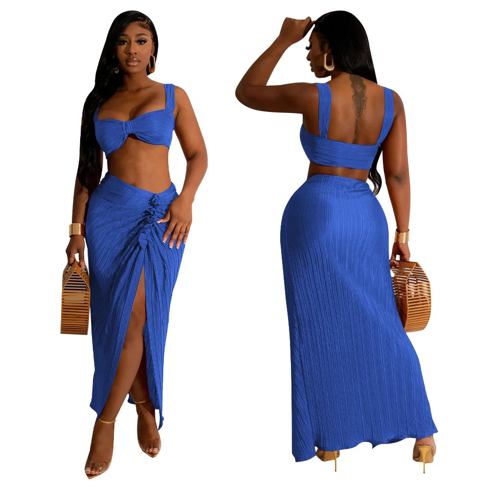 Summer Dresses for Women Two Pieces Set Sexy Backless Halter Top and High Waist Side Slit Pleated Skirt Matching Lady Streetwear