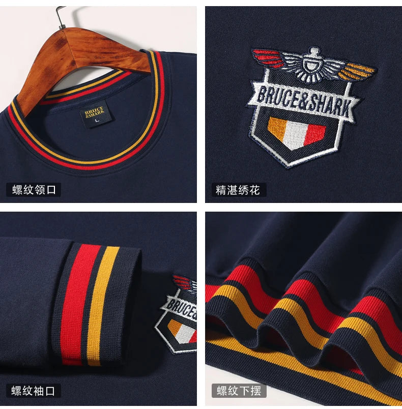 Spring New Men' T-Shirts Round Neck Solid Color Long sleeved Tops Bruce&Shark Thicken Stretch Cotton Men's Clothing Korea Style