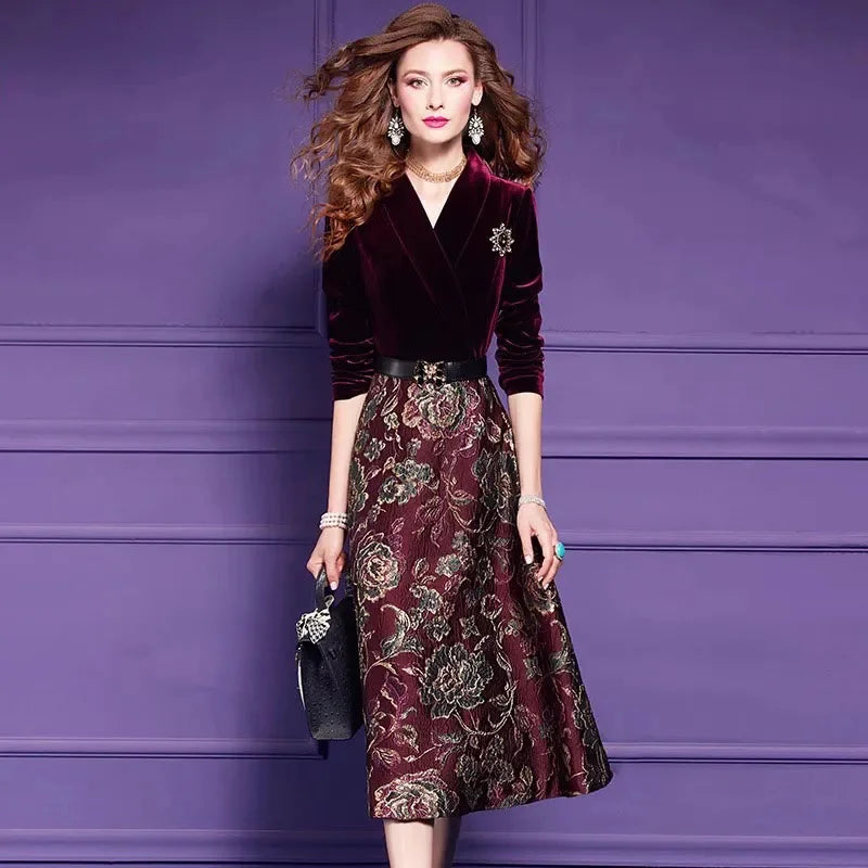 Spring Autumn Dress High End Women's Elegant Dresses Female Jacquard Gold Velvet Korean Slim Evening Party Female Maxi Vestidos