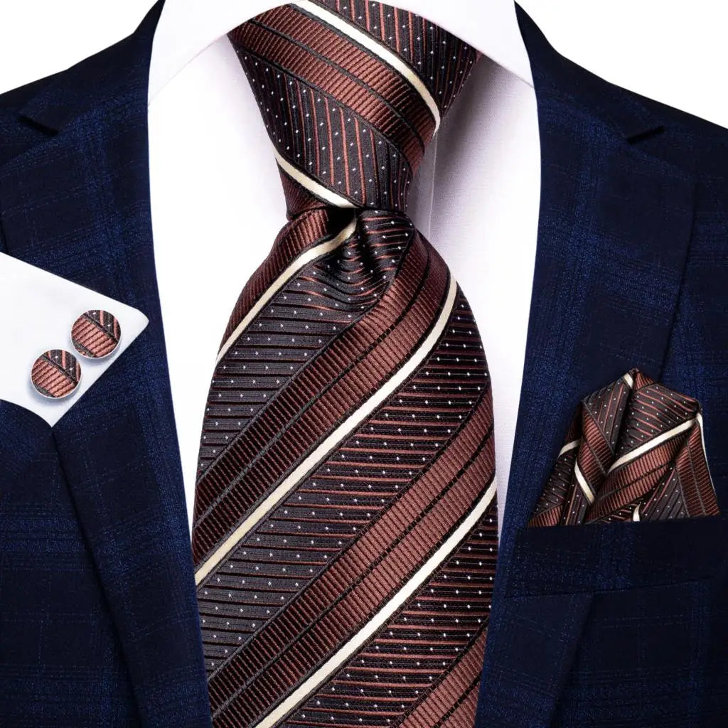 Hi-Tie Paisley Brown Tie For Men Elegant Mens Necktie Pocket Square Cufflink Groom Wedding Accessory Wholesale New Designer