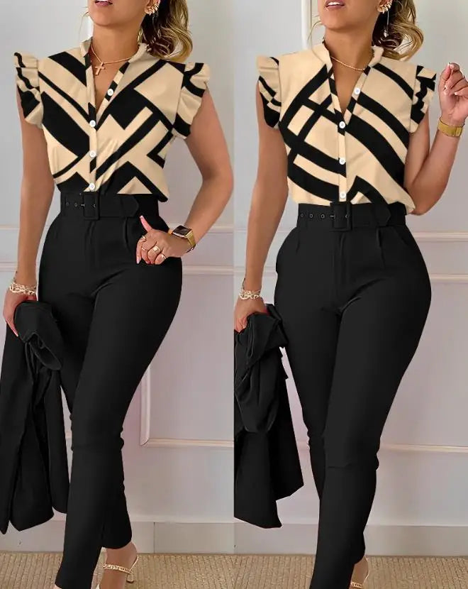 Two Piece Sets Womens Outifits 2023 Summer Fashion Geometric Print Flutter Sleeve Stand Collar Top & Pocket Pants Set with Belt