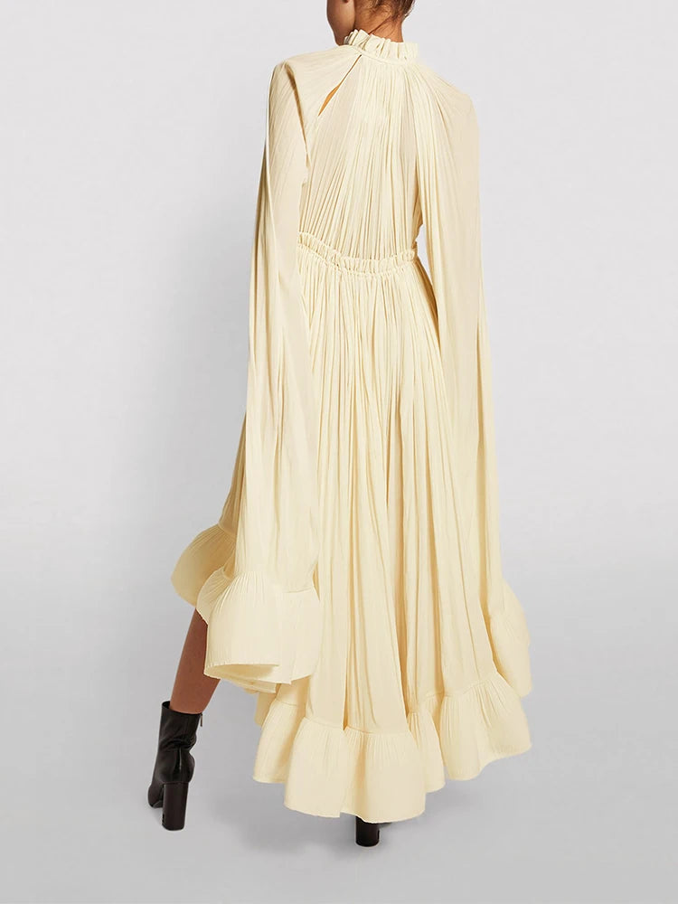 TWOTWINSTYLE Elegant Solid Dresses For Women V Neck Cloak Sleeves High Waist Spliced Lace Up Ruffles Pleated Dress Female Summer