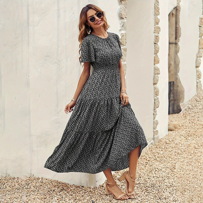 Spring Summer Tierred Dress Women Midi Dresses Female Short Sleeve Elastic Waist Printed Floral Pleated Backless Casual Dress