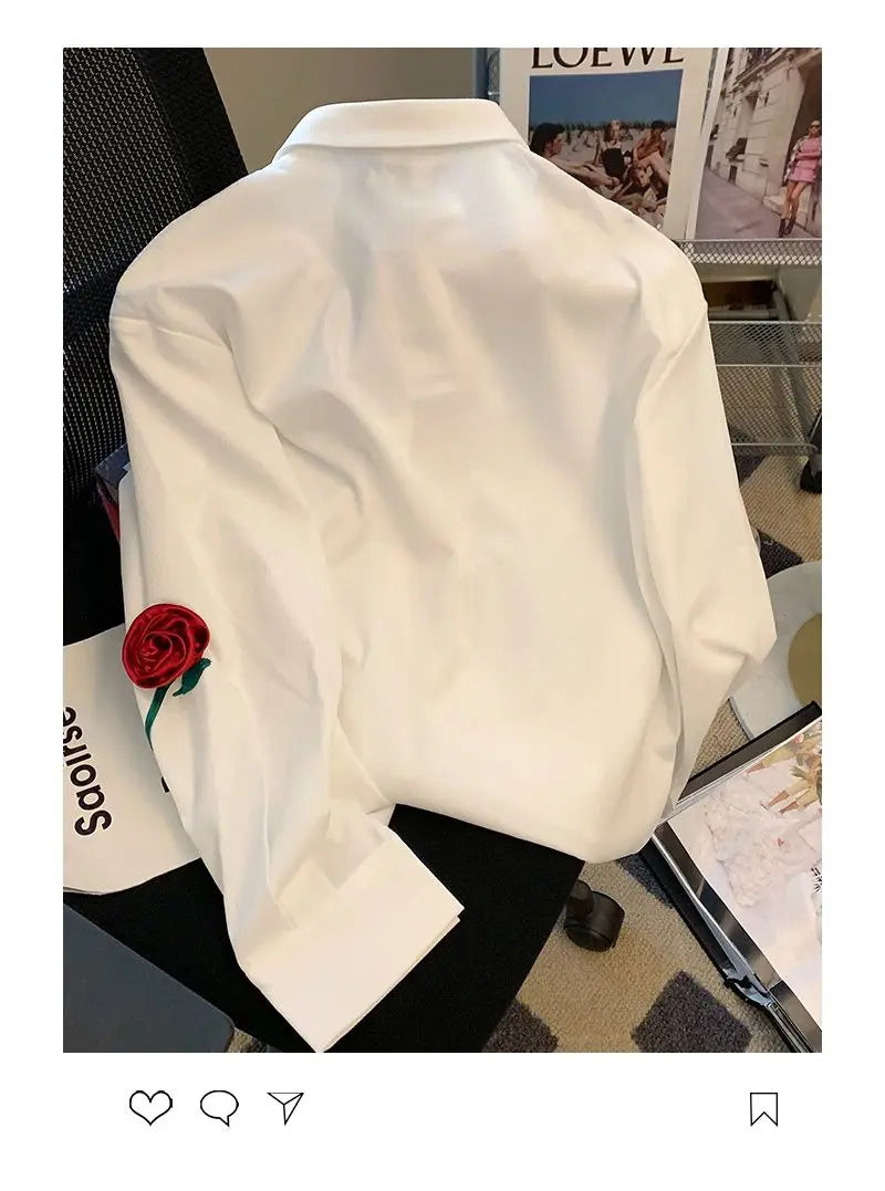2023 New Spring and Autumn Fashionable Temperament Romantic Three-dimensional Rose Men's Casual Loose Design Sense Niche Shirt