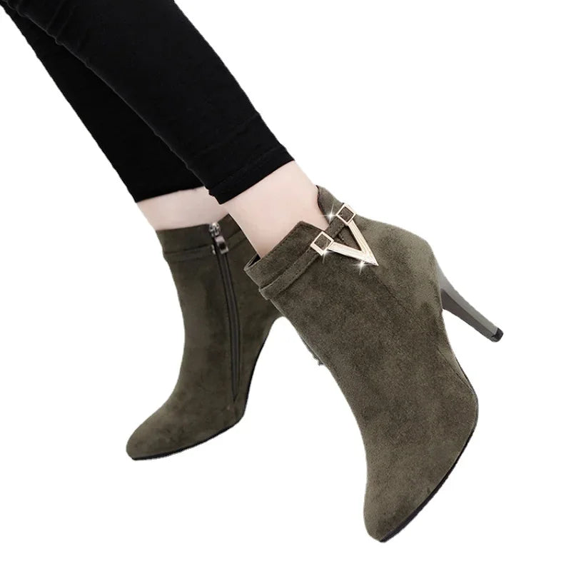 Botas Mujer Invierno Autumn Stiletto Thin High Heels Woman Pointed Toe Pu Leather Zipper Sexy Ankle Women Boot Botines Chelsea8