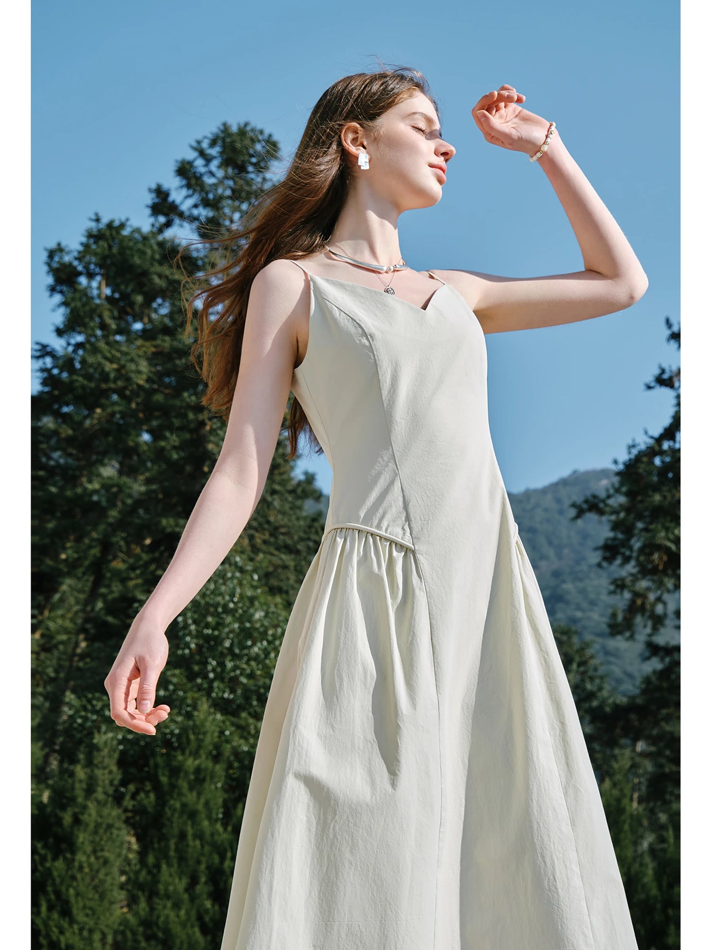 FSLE【4 Colors】Women Spring Strappy Dress 100% Cotton Temperament Simple A-LINE Dresses 2025 Spring White Dress 25FS11073