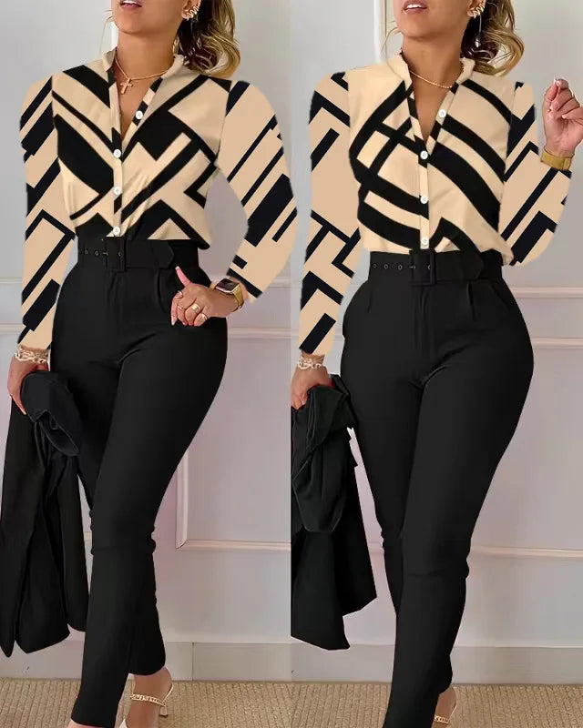Women's Elegant Autumn/Winter Printed V-Neck Long Sleeve Button Shirt Top Fashion Solid Color Long Pants 2 Piece Set With Belt