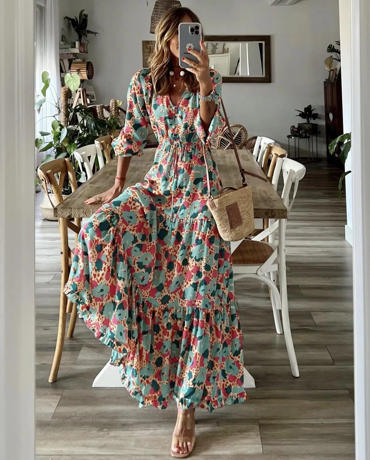 Elegant Women's Flower Long Dresses 2024 Spring New Bohemian Printed Dress Abıye Kadın Abiye Платье Robe Ete Femme Vestidos