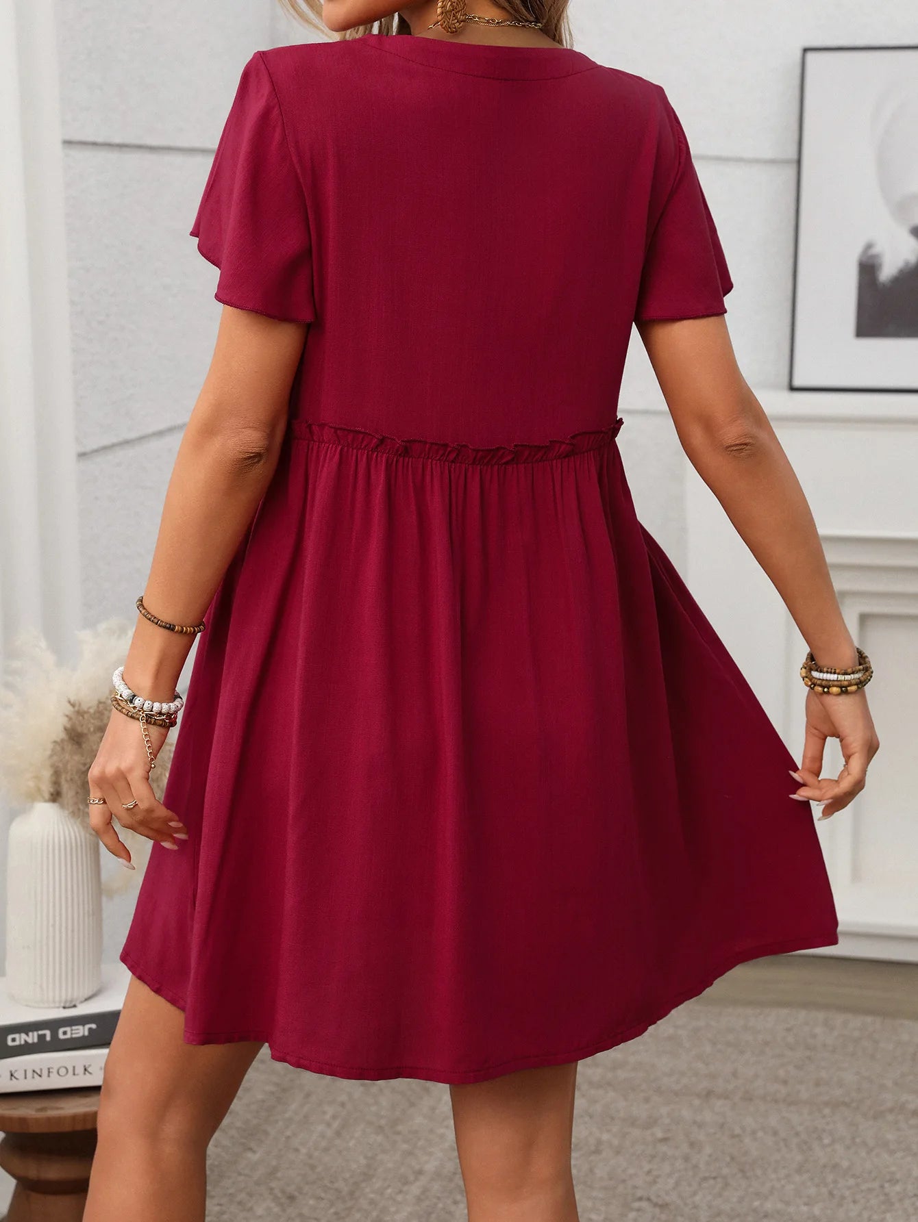 Spring Summer Button Down Dress Flutter Sleeve Cotton Linen A Line Dress With Pockets Beach Summer Knee Length Dresses For Women