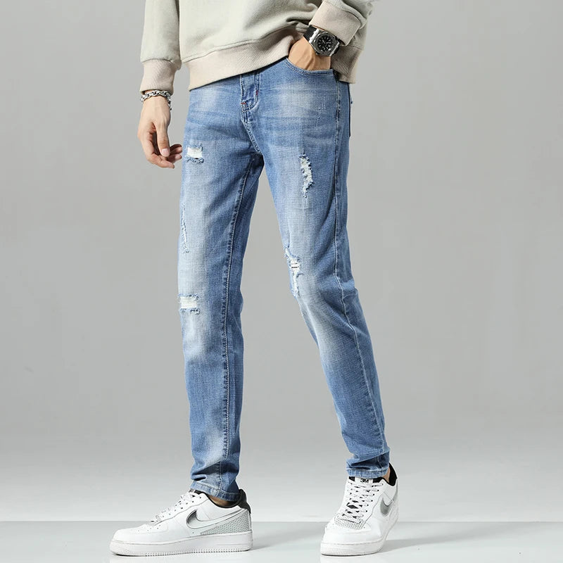 Men Stretch Slim Ripped Jeans Hip Hop Streetwear Korean Vintage Distressed Little Feet Pants Personality Male Trousers