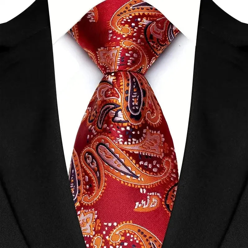 Luxury 8CM Mens Necktie Red Color Solid Stripes Paisley Ties For Man Groom Jacquard Woven Neck Tie For Business Wedding Party