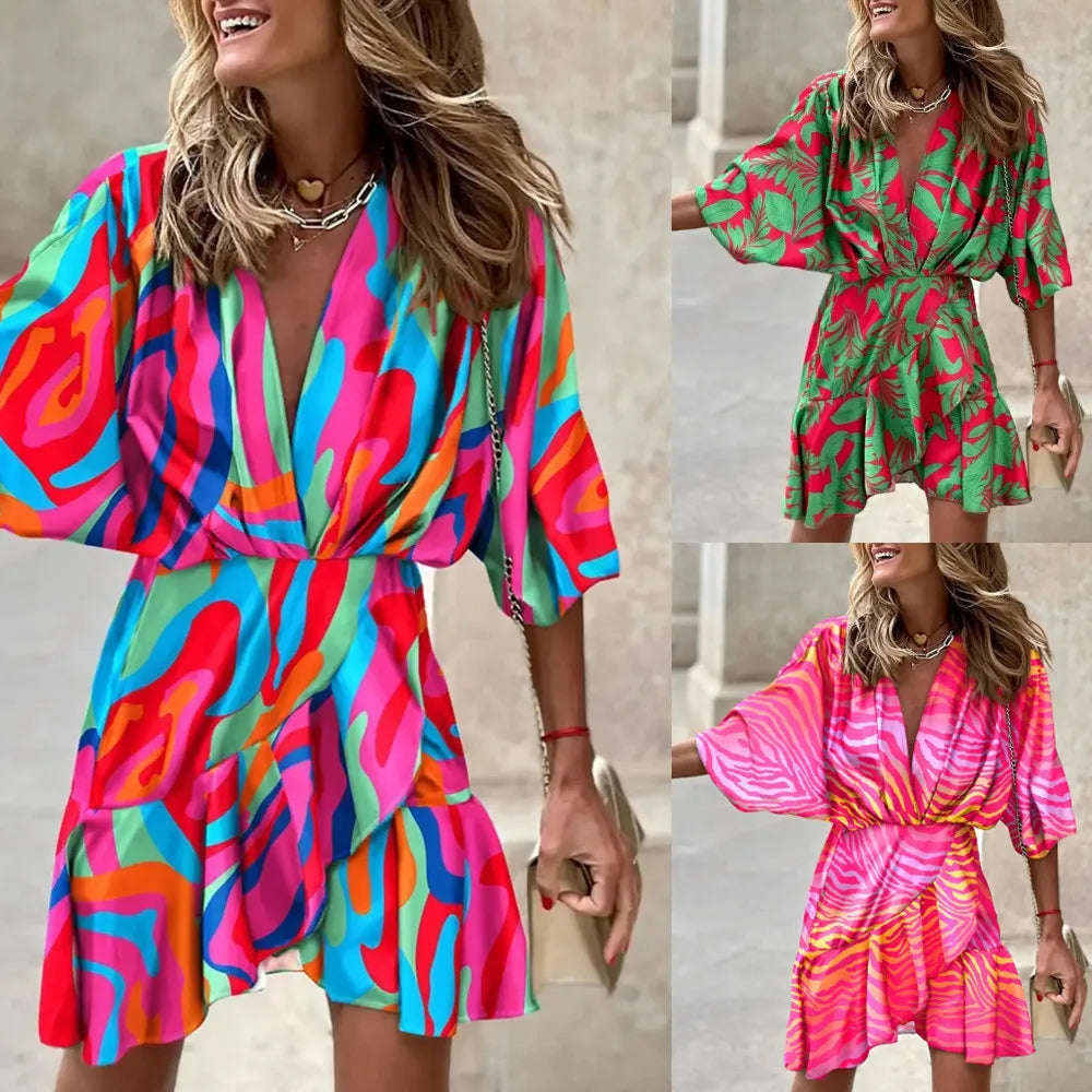 spring Irregular Mini Dress For Women Fashion Print Casual Bohemia Style Vacation Sundress Women's Bat Sleeve Ruffles Dresses