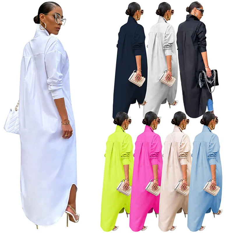 Spring Summer Long Sleeve Shirt Dress Women Turn-down Collar Button Up Straight Maxi Dress Loose Casual Long Dresses Vestidos