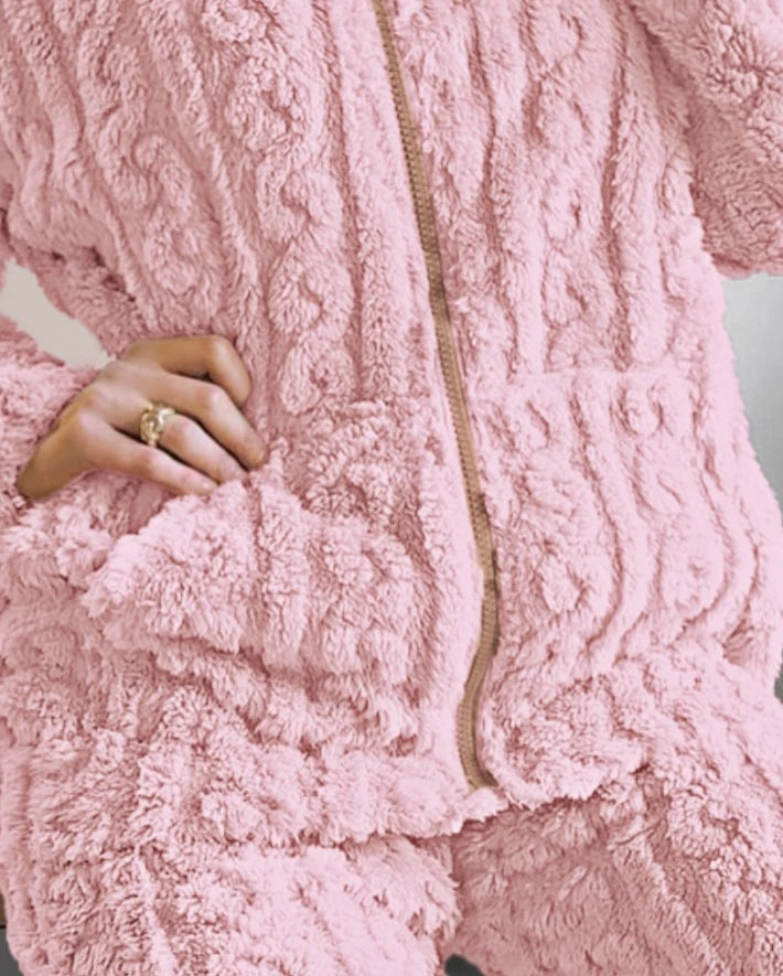 Thickened Warm 2Pcs Pajamas Set Jacquard Textured Stand Collar Zip Up Fuzzy Teddy Top & Pants Set Striped Nightwear Loungewear