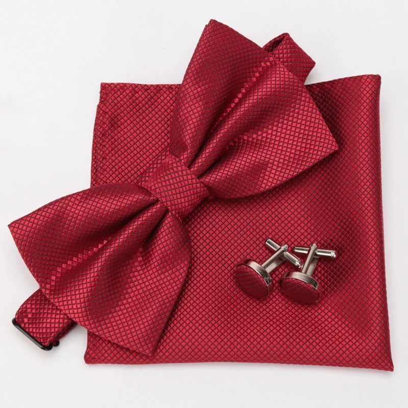 Multicolor Bowtie Pocket Square Cufflinks Sets Classic Solid Color Bowtie Wedding Party Formal Gift Plaids Adjust Neck Bow Tie