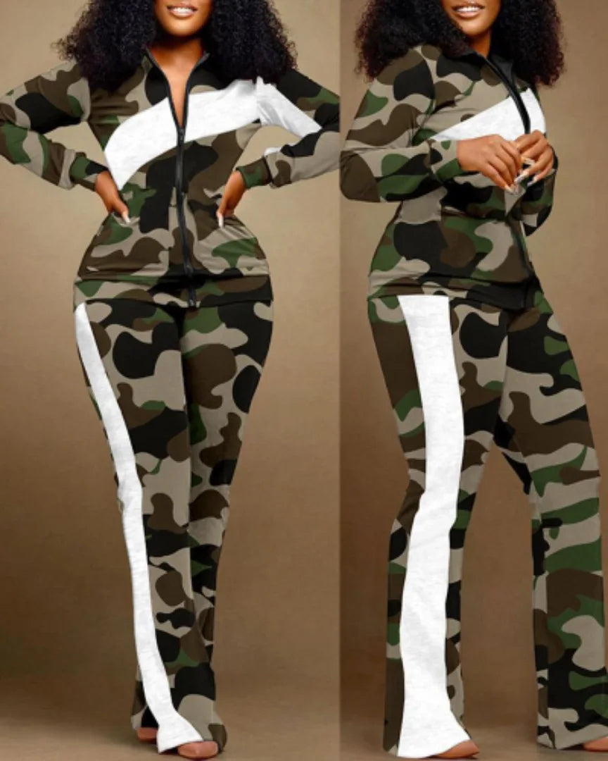 Two Piece Set Women Outfit 2023 Autumn Fashion Geometric Print Stand Collar Long Sleeve Zip Up Top & Casual Sporty Pants Set