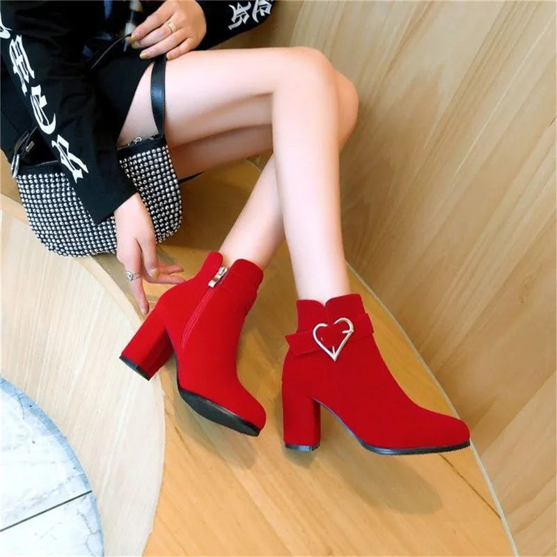 Women's Chunky Heeled Ankle Boots, Solid Color Side Zipper High Heels, Stylish Short Boots