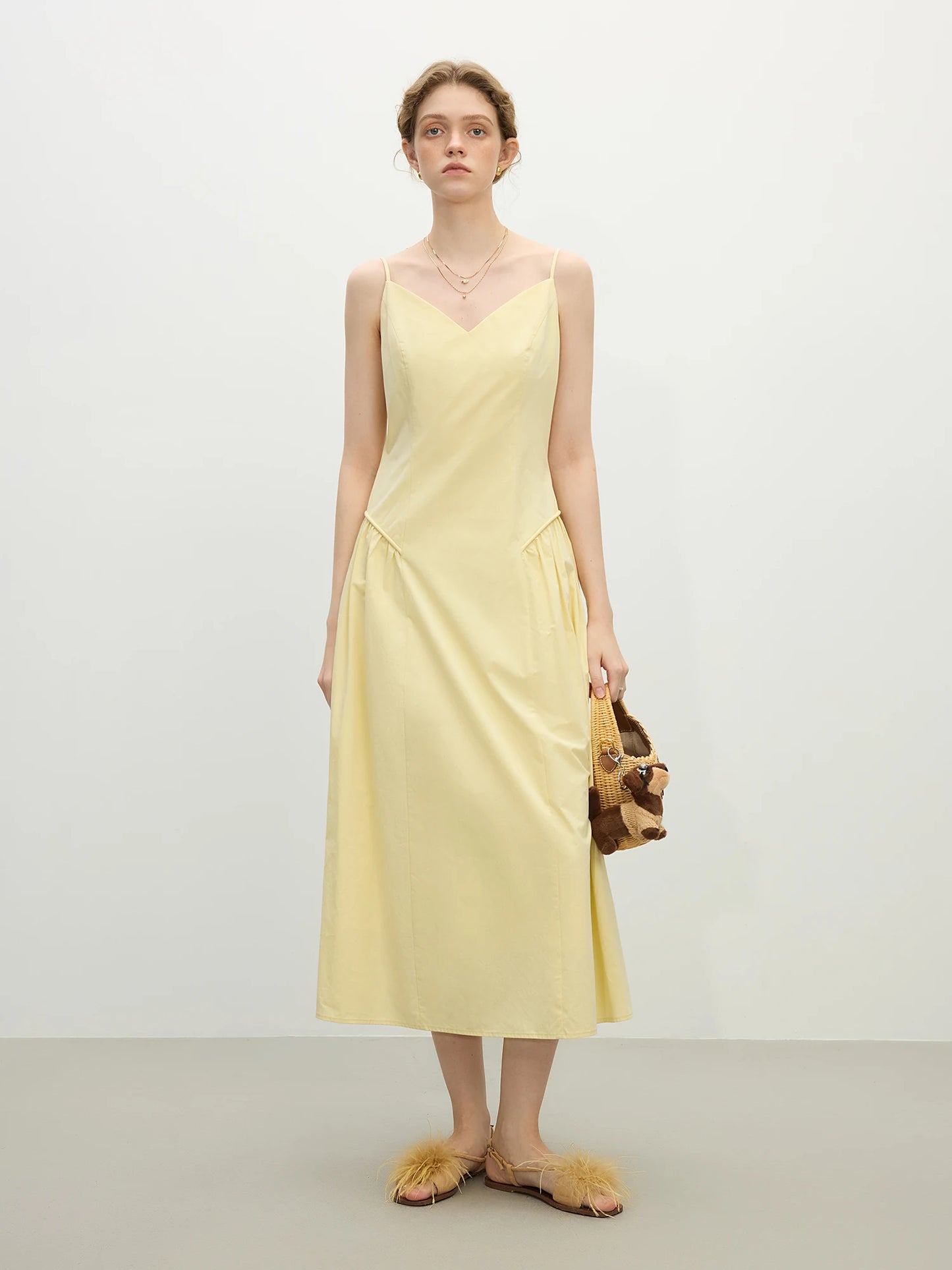 FSLE【4 Colors】Women Spring Strappy Dress 100% Cotton Temperament Simple A-LINE Dresses 2025 Spring White Dress 25FS11073