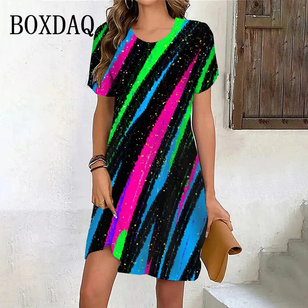 New Summer Fashion Gradient Rainbow Stripe Short Sleeve Dresses For Women 2024 Plus Size Casual O-Neck Print Loose Party Clothes