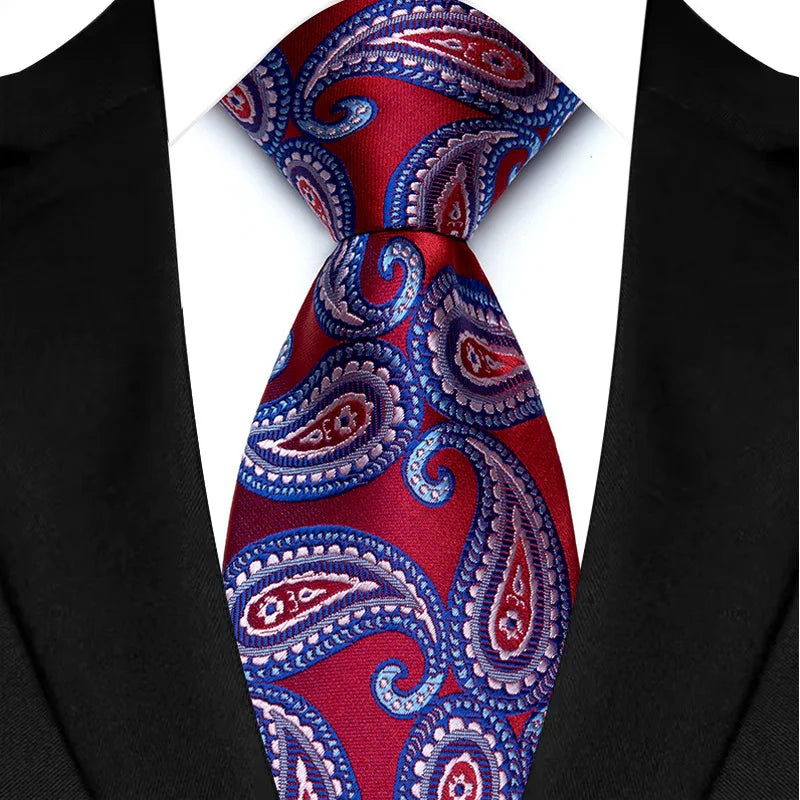 Luxury 8CM Mens Necktie Red Color Solid Stripes Paisley Ties For Man Groom Jacquard Woven Neck Tie For Business Wedding Party