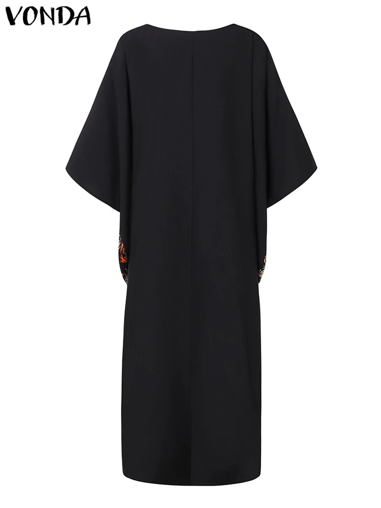 Plus Size VONDA Women Foral Printing Bohemian Maxi Dress 2025 Causal Puff Sleeve Sundress Holiday Eelgant Vestido NO Tassel