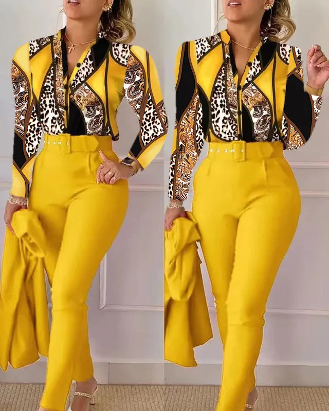 Women's Elegant Autumn/Winter Printed V-Neck Long Sleeve Button Shirt Top Fashion Solid Color Long Pants 2 Piece Set With Belt